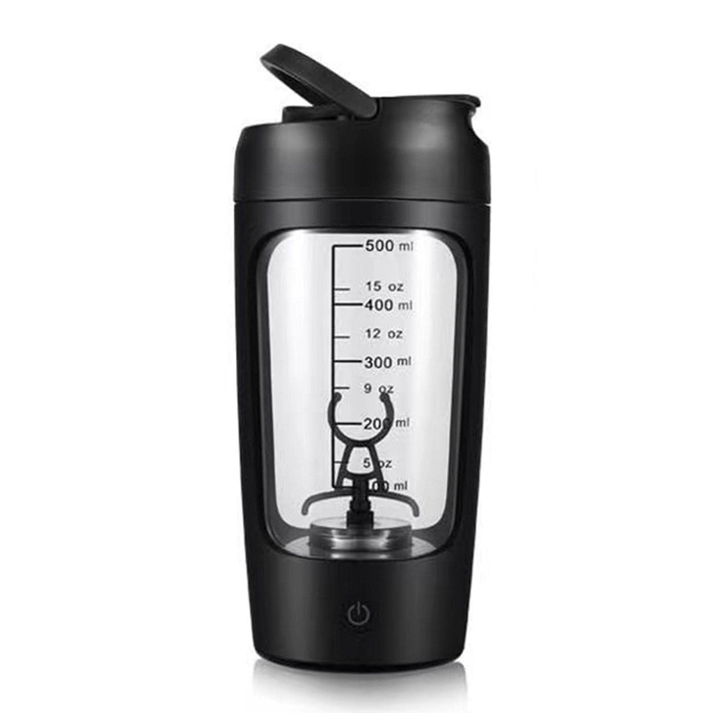 A black portable Mega Mixer with a transparent window showing the mixing mechanism and measurement markings on the bottle.