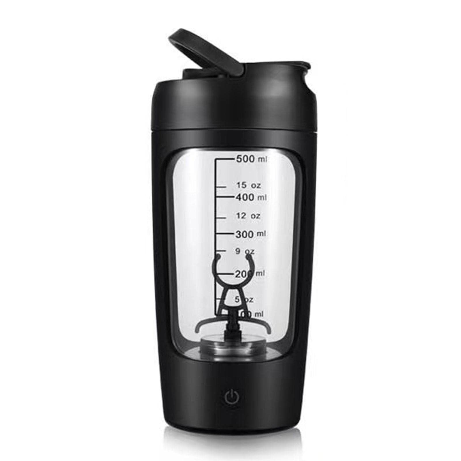 A black portable Mega Mixer with a transparent window showing the mixing mechanism and measurement markings on the bottle.