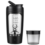 A black portable protein shaker cup with measurement markings and a detachable container.