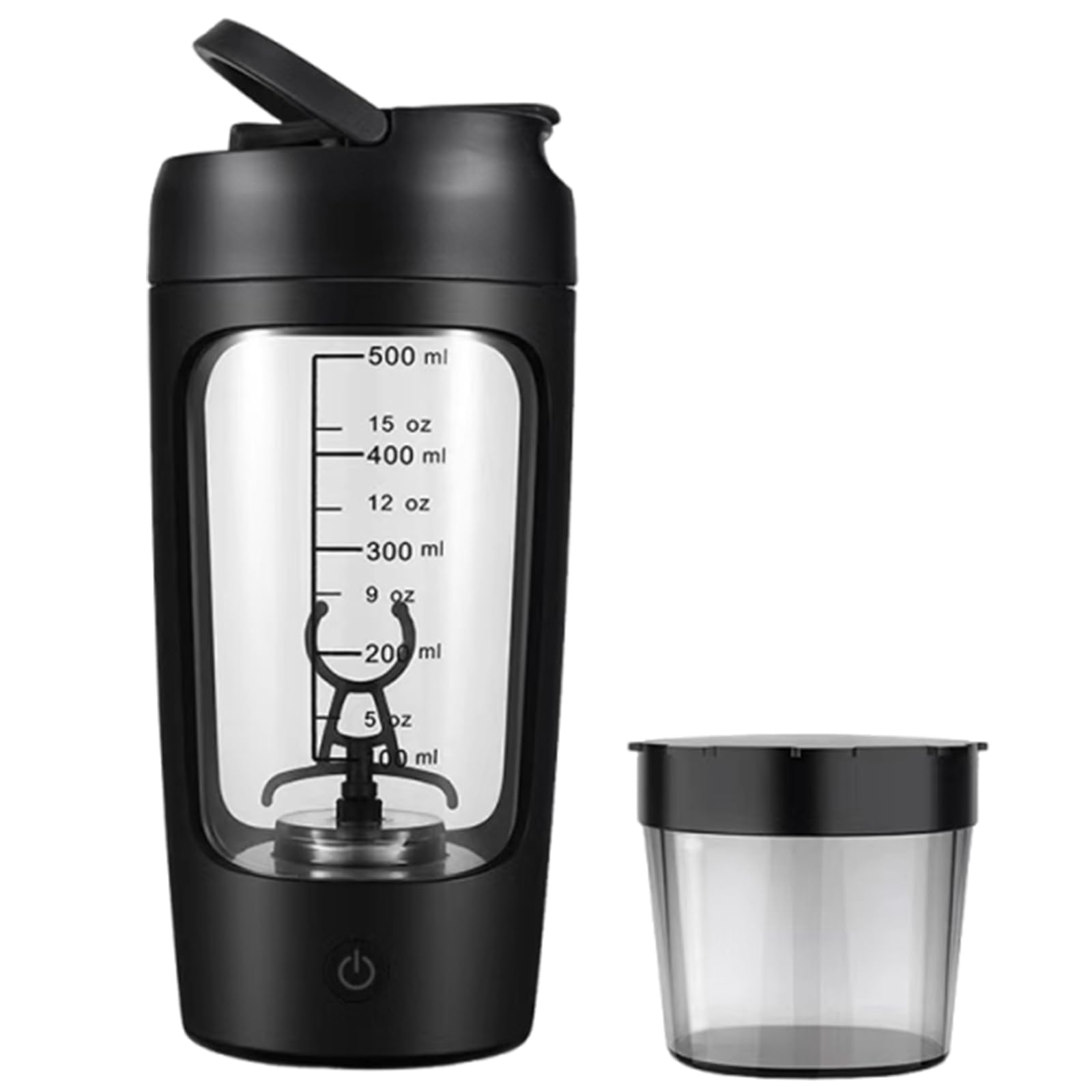 A black portable protein shaker cup with measurement markings and a detachable container.