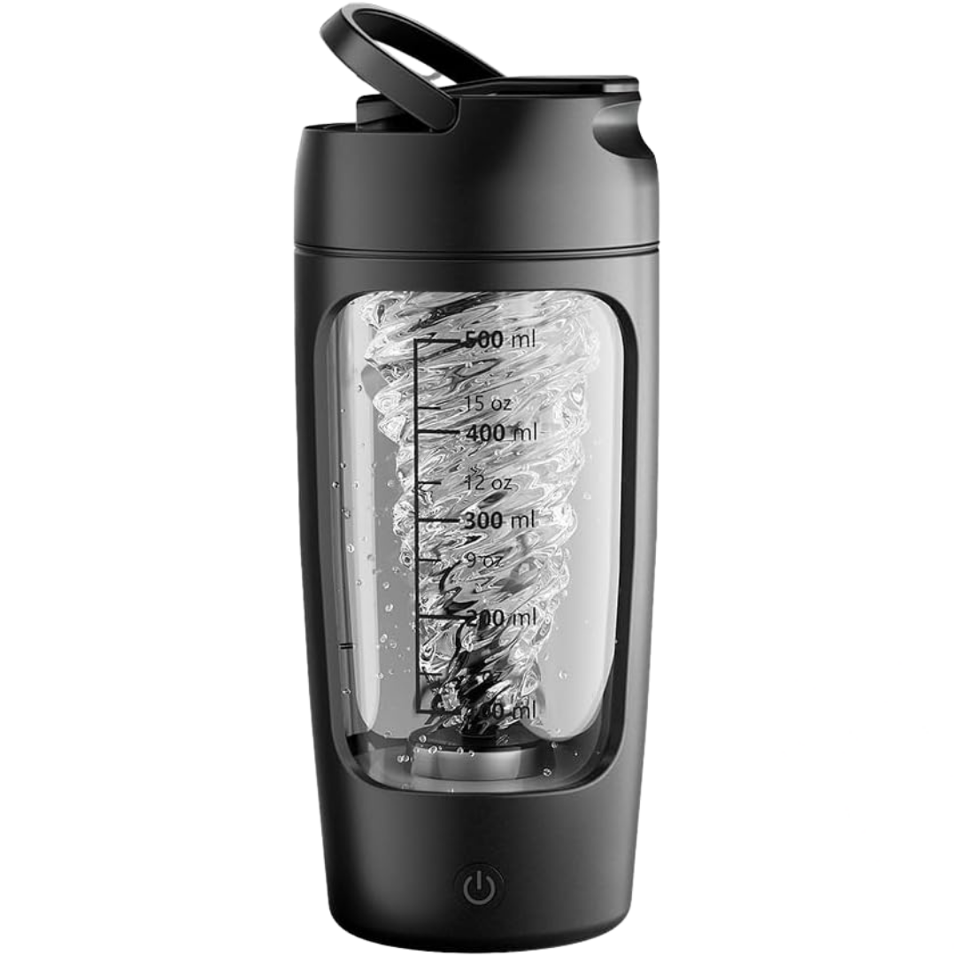 Black and transparent water bottle with measurement markings on a white background