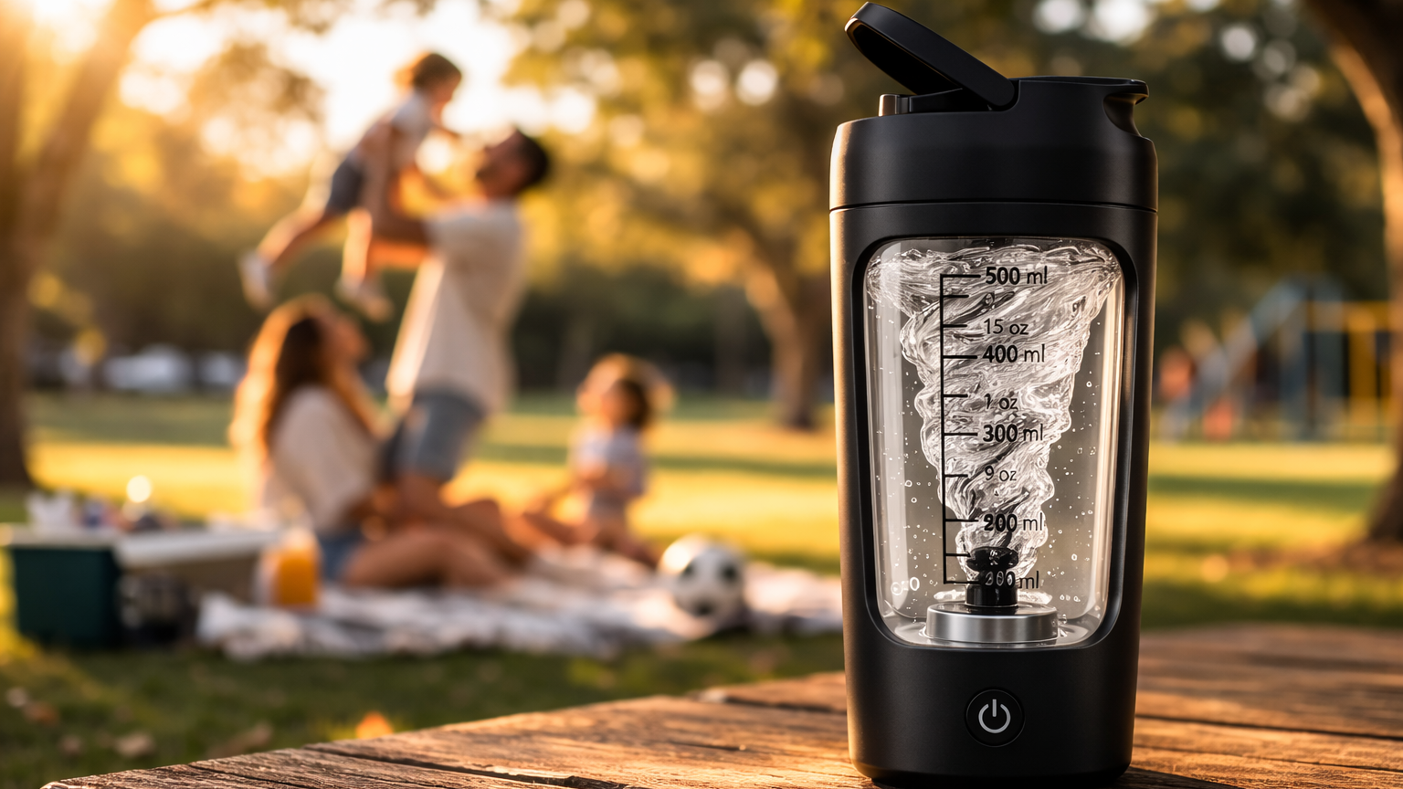 Black portable blender on a wooden table with a blurred park scene in the background