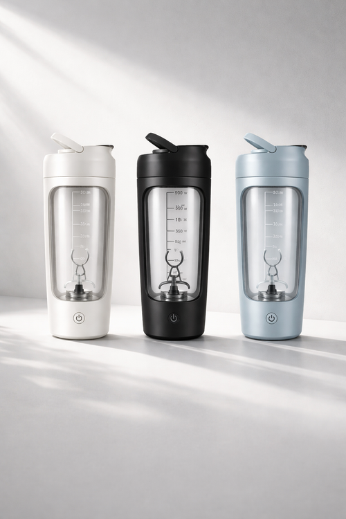 Three portable drink mixers in white, black, and blue on a light gray background