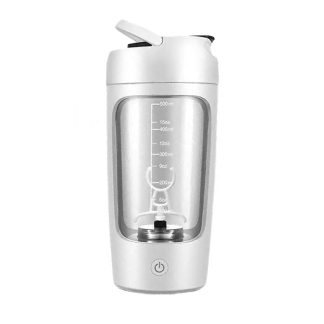 White and silver shaker bottle with measurement markings on a white background