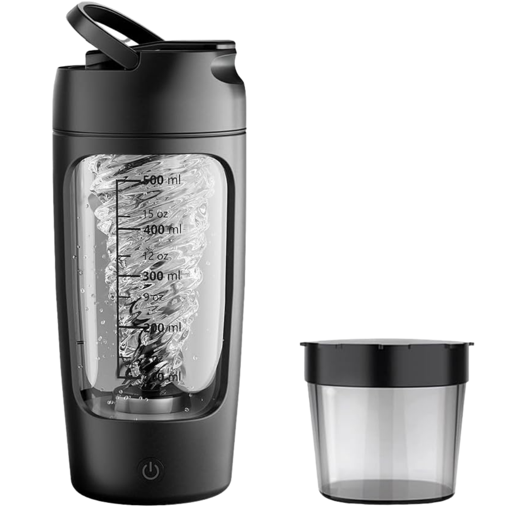 Black portable blender with clear container on a white background