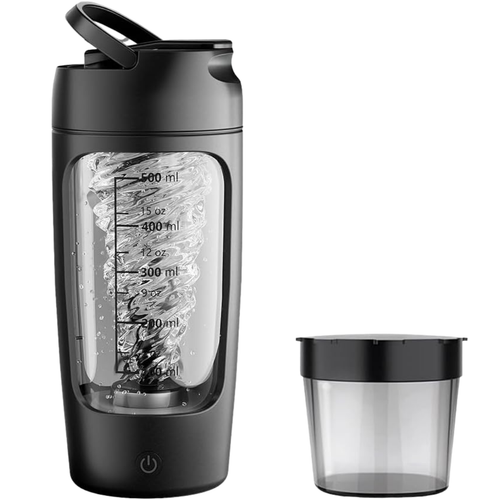 Black portable blender with clear container on a white background
